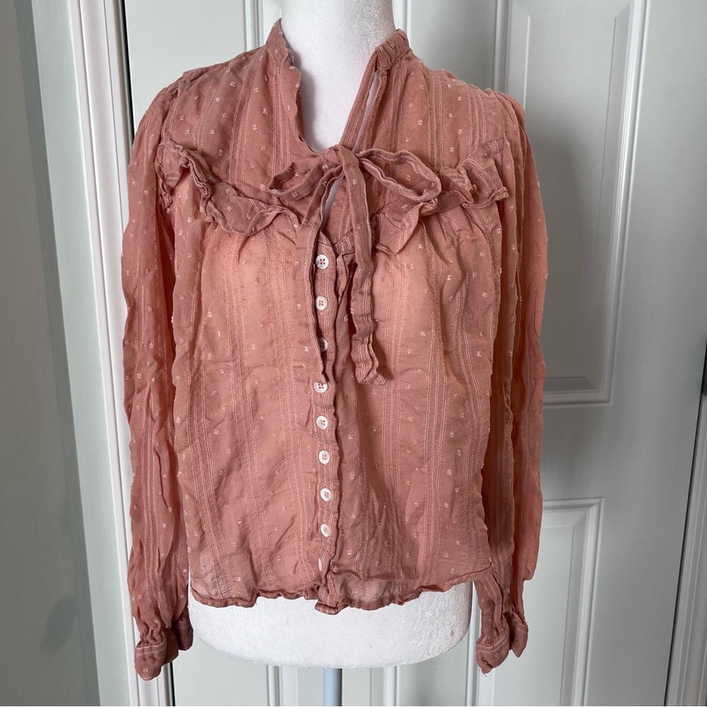 Free People Women's Bohemian Blouse Pink Size XS Straps At Collar Cute Feminine